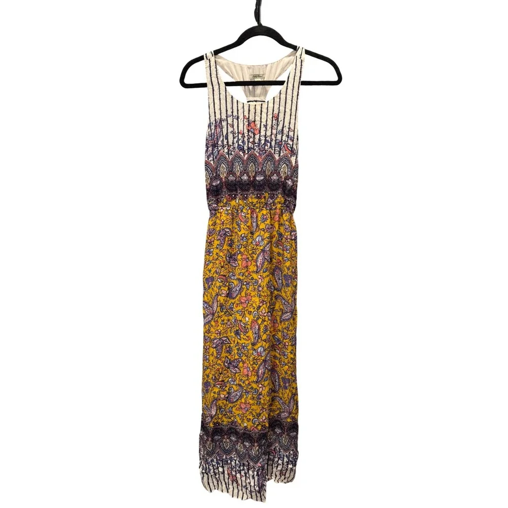 NWT Lucky Brand Sz S Mustard Paisley Eclectic Cottage Boho Racerback Maxi Dress - Picture 2 of 10